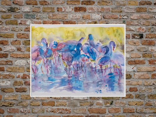 Colorful painting of flamingos on a brick wall
