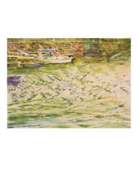 A watercolor painting of a canal scene with a small boat near a stone wall, rendered in soft greens, beige, and brown tones.